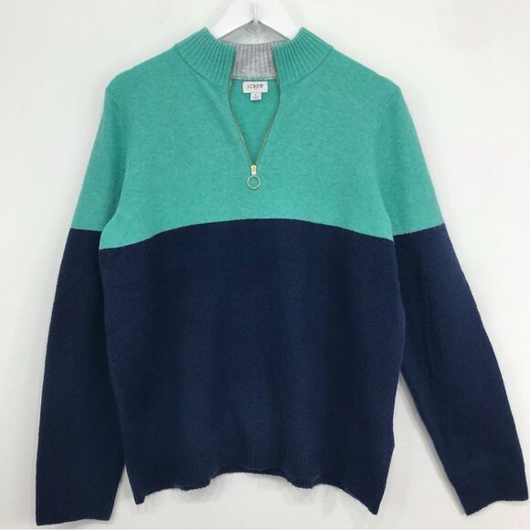 J. Crew Factory Teal Navy Colorblock Quarter Zip Soft Yarn Pullover Sweater - Picture 3 of 16